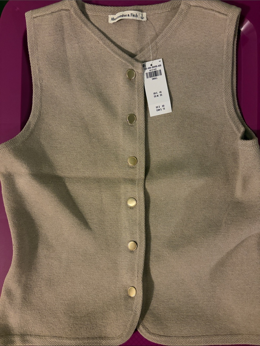 Abercrombie & Fitch Cream Button-Front Knit Vest with Gold-Tone buttons